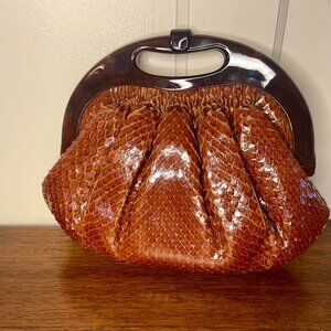 VTG Cognac Brown Snakeskin Purse with Brown  Lucite Frame & Shoulder Strap